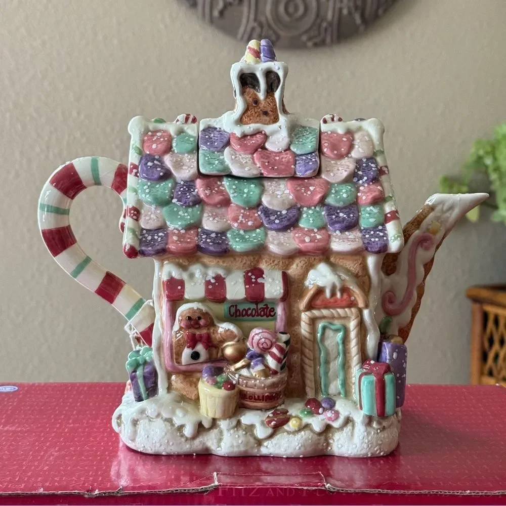 NIB Fitz and Floyd Candy Lane Ceramic Teapot with Multicolor Accents Christmas